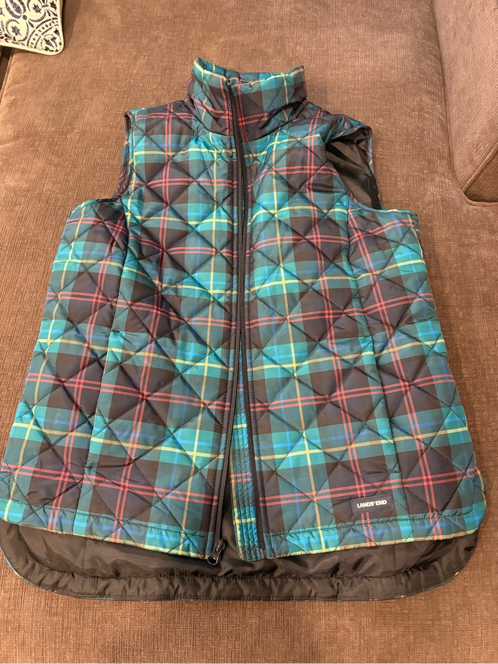 Lands End Quilted Vest Tartan Plaid Full Zip Small